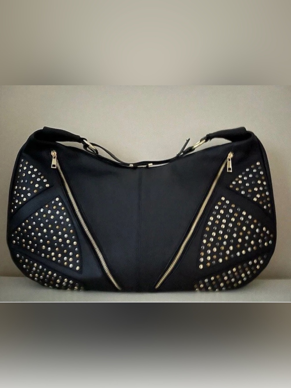 La Via Firenze Black Leather Studded XL Shoulder Bag NWT